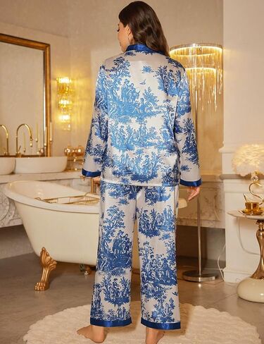 MapleHub Womens Silk Satin Pajamas Set Long Sleeve Sleepwear Button Down Pjs Soft 2 Piece Lounge Set in Saudi Arabia
