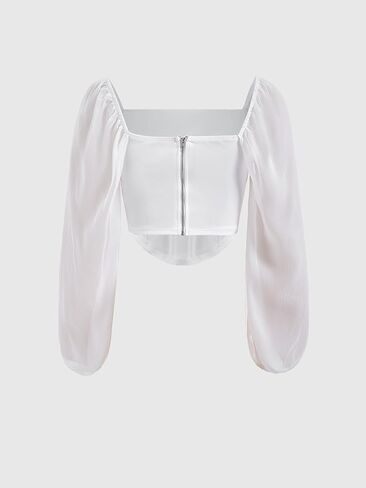 Women's Mesh Crop Top Vintage Ruched Lantern Sleeve Scoop Neck Boned Blouse Going Out Outfits in Saudi Arabia
