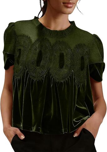 المرأة المخملية الدانتيل بيبي دول بلايز عادية مستديرة الرقبة قصيرة الأكمام متوهج سوينغ بلوزة أنيقة مطوي فضفاض قمصان مناسبة in Kuwait