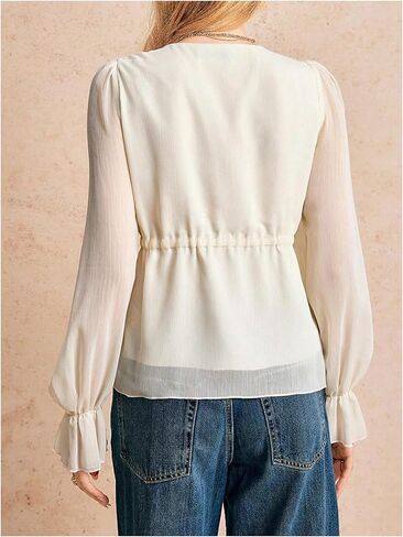 OYOANGLE Women's Long Sleeve Tie Front Chiffon Blouse V Neck Frill Trim Sheer Peplum Tops in Saudi Arabia