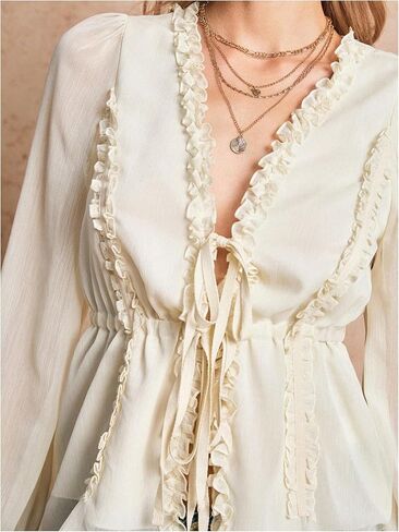 OYOANGLE Women's Long Sleeve Tie Front Chiffon Blouse V Neck Frill Trim Sheer Peplum Tops in Saudi Arabia