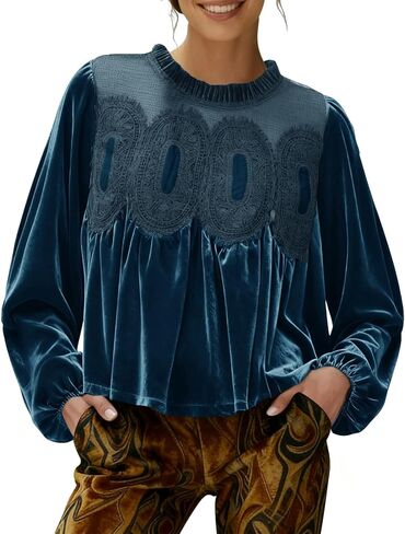 المرأة طويلة الأكمام المخملية قمم الدانتيل تقليم أنيقة متوهج سوينغ بيبي دول البلوزات والقمصان in Kuwait