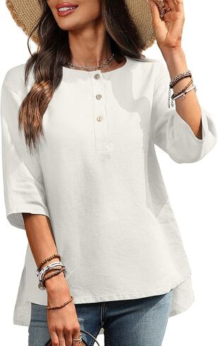 Women's Linen Henley Shirts 100% Linen Elbow Sleeve Crew Neck Slit Hem Tunics Blouse Top in Kuwait