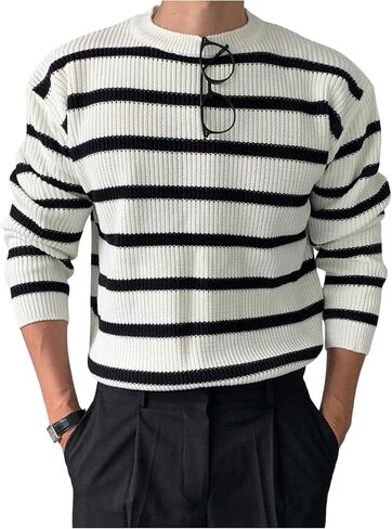 OYOANGLE Men's Striped Ribbed Sweater Long Sleeve Drop Shoulder Pullover Jumper Tops Fall Clothes 2025 in Saudi Arabia