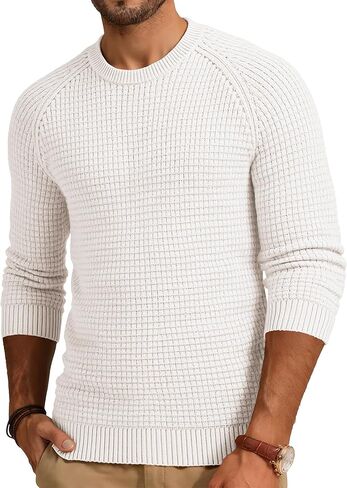 JMIERR Mens Crewneck Sweater Waffle Textured Knitted Solid Pullover Casual Daily Wear Soft 2025 Fashion Pullovers in Saudi Arabia