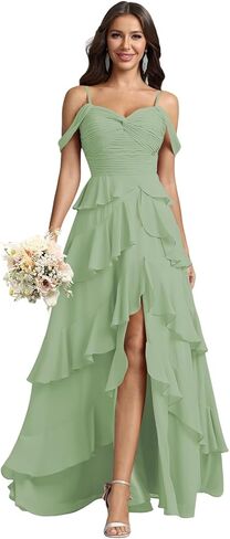 Long Bridesmaid Dresses Tiered Ruffle Formal Chiffon Party Prom Gown with Slit Maxi Off Shoulder Wedding Guest Dress in Saudi Arabia