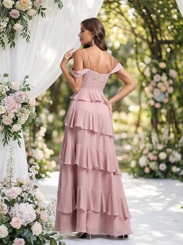 Long Bridesmaid Dresses Tiered Ruffle Formal Chiffon Party Prom Gown with Slit Maxi Off Shoulder Wedding Guest Dress in Saudi Arabia