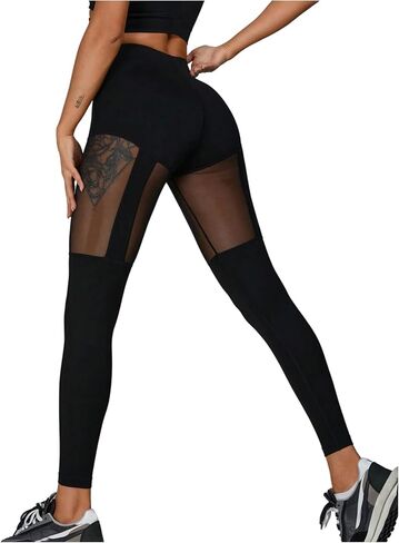 OYOANGLE Women's Sexy Mesh Hollow-Out Breathable High Waist Leggings Yoga Pants Tummy Control Stretch Yoga Leggings in Saudi Arabia