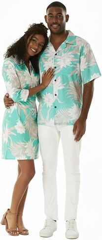 Matchable Couple Hawaiian Luau Men Shirt or Women Slip On Collar Dress in Wispy Cereus Palm Mist in Saudi Arabia