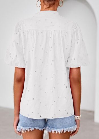 Lazysmile Summer Boho Tops for Women Short Sleeve V Neck Button Down Hollow Out Lace Embroidered Blouses Shirts in Saudi Arabia