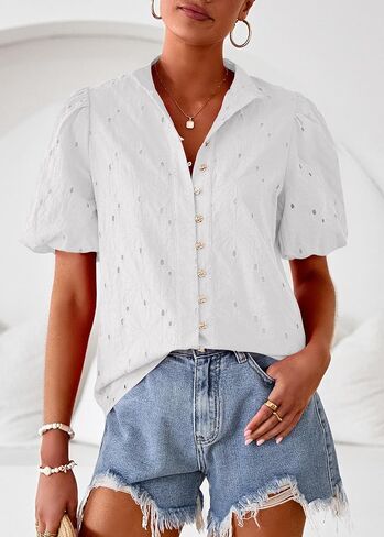 Lazysmile Summer Boho Tops for Women Short Sleeve V Neck Button Down Hollow Out Lace Embroidered Blouses Shirts in Saudi Arabia