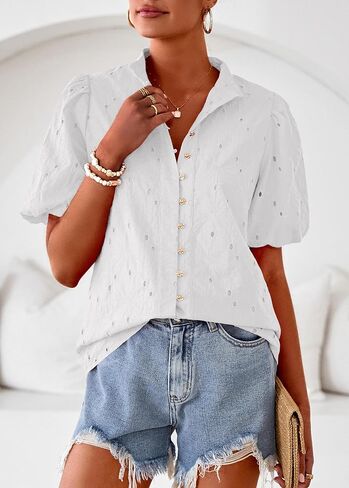 Lazysmile Summer Boho Tops for Women Short Sleeve V Neck Button Down Hollow Out Lace Embroidered Blouses Shirts in Saudi Arabia