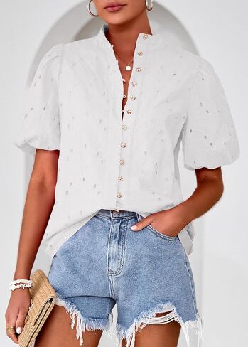 Lazysmile Summer Boho Tops for Women Short Sleeve V Neck Button Down Hollow Out Lace Embroidered Blouses Shirts in Saudi Arabia