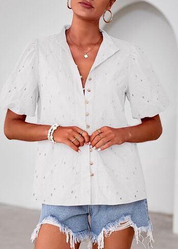 Lazysmile Summer Boho Tops for Women Short Sleeve V Neck Button Down Hollow Out Lace Embroidered Blouses Shirts in Saudi Arabia