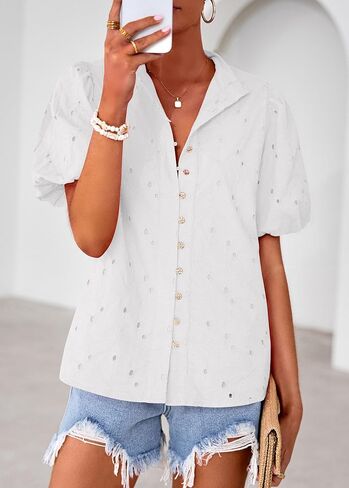 Lazysmile Summer Boho Tops for Women Short Sleeve V Neck Button Down Hollow Out Lace Embroidered Blouses Shirts in Saudi Arabia