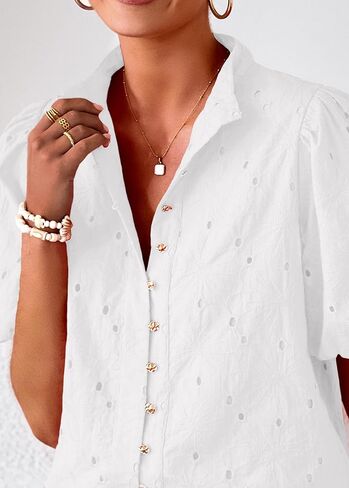 Lazysmile Summer Boho Tops for Women Short Sleeve V Neck Button Down Hollow Out Lace Embroidered Blouses Shirts in Saudi Arabia