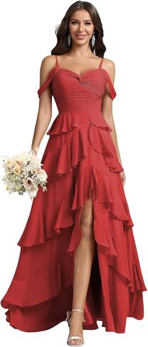 Long Bridesmaid Dresses Tiered Ruffle Formal Chiffon Party Prom Gown with Slit Maxi Off Shoulder Wedding Guest Dress in Saudi Arabia