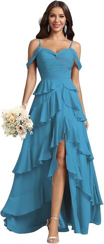 Long Bridesmaid Dresses Tiered Ruffle Formal Chiffon Party Prom Gown with Slit Maxi Off Shoulder Wedding Guest Dress in Saudi Arabia