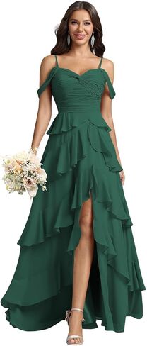 Long Bridesmaid Dresses Tiered Ruffle Formal Chiffon Party Prom Gown with Slit Maxi Off Shoulder Wedding Guest Dress in Saudi Arabia