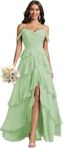 Long Bridesmaid Dresses Tiered Ruffle Formal Chiffon Party Prom Gown with Slit Maxi Off Shoulder Wedding Guest Dress in Saudi Arabia