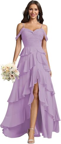 Long Bridesmaid Dresses Tiered Ruffle Formal Chiffon Party Prom Gown with Slit Maxi Off Shoulder Wedding Guest Dress in Saudi Arabia