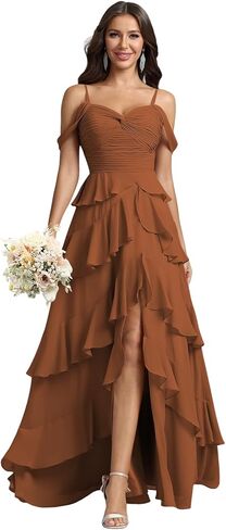 Long Bridesmaid Dresses Tiered Ruffle Formal Chiffon Party Prom Gown with Slit Maxi Off Shoulder Wedding Guest Dress in Saudi Arabia