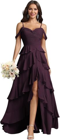 Long Bridesmaid Dresses Tiered Ruffle Formal Chiffon Party Prom Gown with Slit Maxi Off Shoulder Wedding Guest Dress in Saudi Arabia