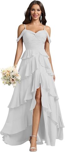 Long Bridesmaid Dresses Tiered Ruffle Formal Chiffon Party Prom Gown with Slit Maxi Off Shoulder Wedding Guest Dress in Saudi Arabia