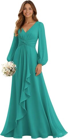 فساتين وصيفة العروس بأكمام طويلة من SNOWROSE للنساء ورقبة على شكل V وطيات على شكل حرف A من الشيفون وكشكشة فستان رسمي لحفلات الزفاف in Kuwait