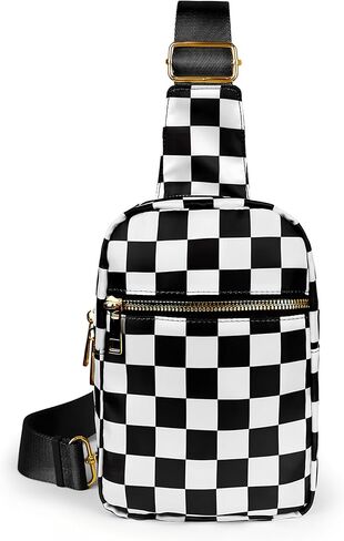 Waist Pack,Checkered Nylon Sling Bag for Women, Lightweight Crossbody Chest Bag for Travel, Adjustable Strap & Hidden Pocket Wallets for Women (Black) in Saudi Arabia
