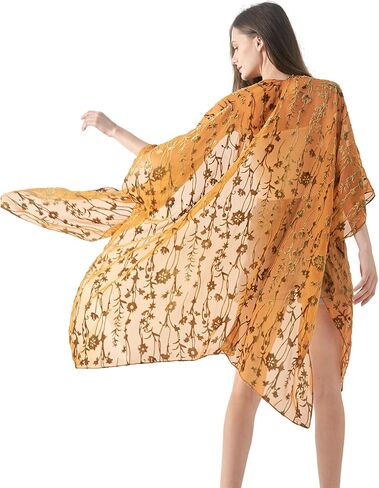 WeHello Women's Burnout Velvet Kimono Long Cardigan Cover Up Without Tassel (Gray-2) in Kuwait