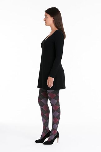 London Argyle Patterned Ladies Tights - Medium - Black, Wine, Plum in Kuwait