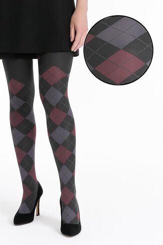 London Argyle Patterned Ladies Tights - Medium - Black, Wine, Plum in Kuwait