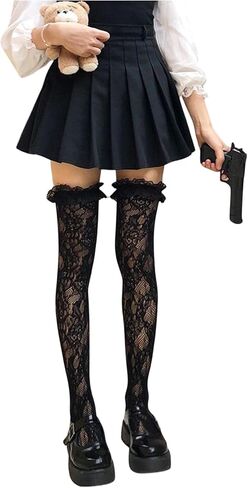 GORGLITTER Women's Lace Socks Ruffle Knee High Fishnets Cute Mesh Sheer Thigh High Stockings in Saudi Arabia