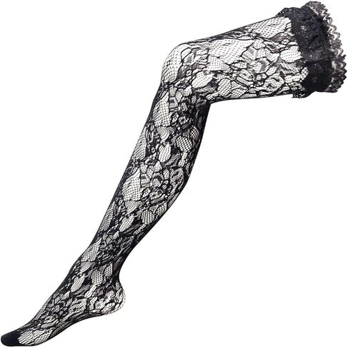 GORGLITTER Women's Lace Socks Ruffle Knee High Fishnets Cute Mesh Sheer Thigh High Stockings in Saudi Arabia