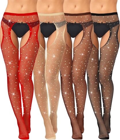 Geyoga 4 Pcs Rhinestone Fishnet Stockings Sparkly High Waist Fishnet Tights Women Suspender Pantyhose Thigh High Garter (Red, Skin, Coffee, Black) in Saudi Arabia