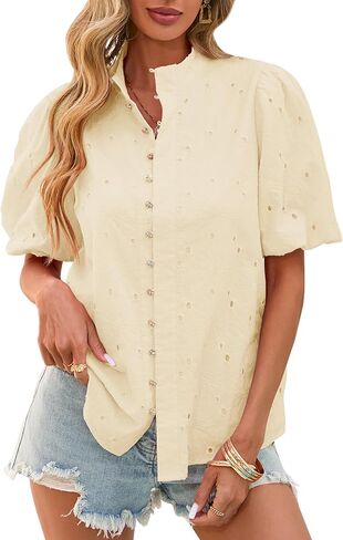 Lazysmile Summer Boho Tops for Women Short Sleeve V Neck Button Down Hollow Out Lace Embroidered Blouses Shirts in Saudi Arabia