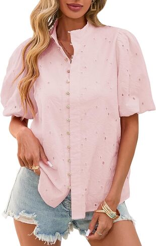 Lazysmile Summer Boho Tops for Women Short Sleeve V Neck Button Down Hollow Out Lace Embroidered Blouses Shirts in Saudi Arabia