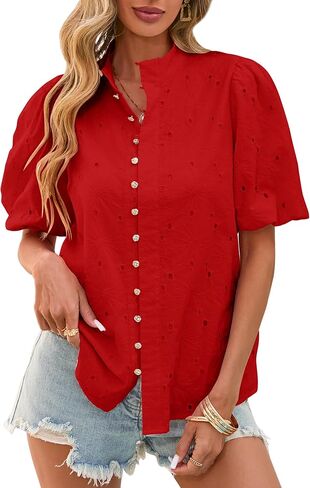Lazysmile Summer Boho Tops for Women Short Sleeve V Neck Button Down Hollow Out Lace Embroidered Blouses Shirts in Saudi Arabia