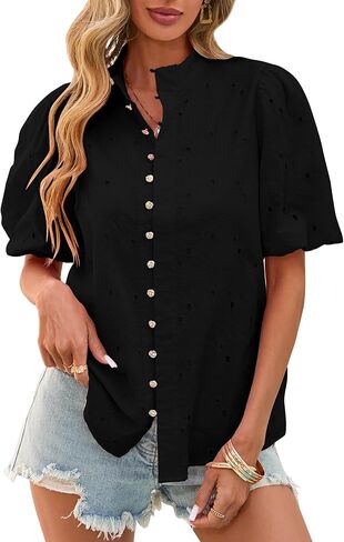 Lazysmile Summer Boho Tops for Women Short Sleeve V Neck Button Down Hollow Out Lace Embroidered Blouses Shirts in Saudi Arabia