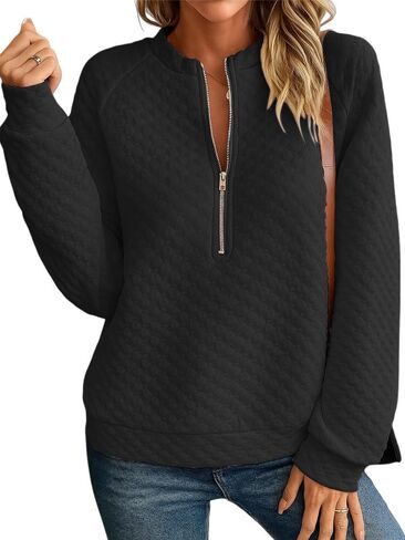 Schine Women's Half-Zip Quilted Crew Neck Long Sleeve Loose Fashion Pullover Sweatshirt in Kuwait