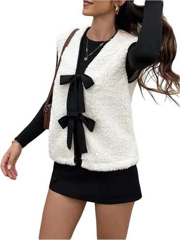 OYOANGLE Women's Bow Tie Front Fuzzy Vest V Neck Sleeveless Warm Sherpa Jackets Coat in Saudi Arabia