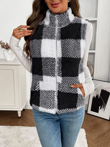 Women's Checkered Sherpa Vest, Fuzzy Fleece Sleeveless Zip Up Jacket Warm Fall Winter Casual Outerwear Gilet in Saudi Arabia