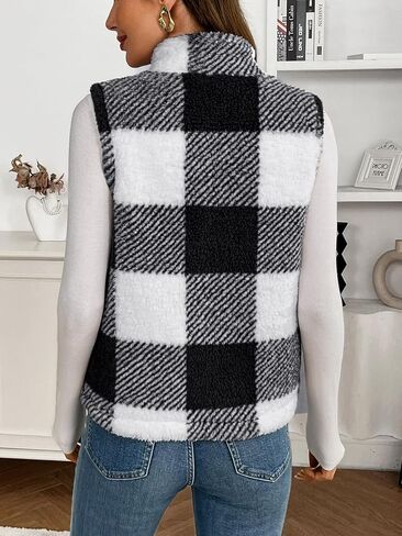 Women's Checkered Sherpa Vest, Fuzzy Fleece Sleeveless Zip Up Jacket Warm Fall Winter Casual Outerwear Gilet in Saudi Arabia
