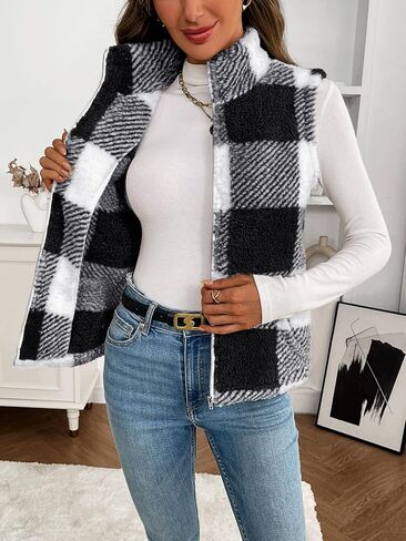 Women's Checkered Sherpa Vest, Fuzzy Fleece Sleeveless Zip Up Jacket Warm Fall Winter Casual Outerwear Gilet in Saudi Arabia