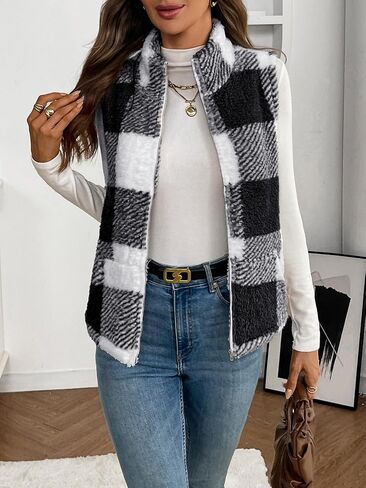 Women's Checkered Sherpa Vest, Fuzzy Fleece Sleeveless Zip Up Jacket Warm Fall Winter Casual Outerwear Gilet in Saudi Arabia
