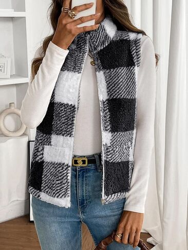 Women's Checkered Sherpa Vest, Fuzzy Fleece Sleeveless Zip Up Jacket Warm Fall Winter Casual Outerwear Gilet in Saudi Arabia