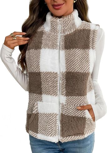 Women's Checkered Sherpa Vest, Fuzzy Fleece Sleeveless Zip Up Jacket Warm Fall Winter Casual Outerwear Gilet in Saudi Arabia