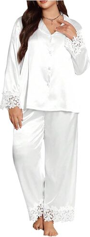WDIRARA Women's Plus Size Satin 2 Piece Pajama Set Button Down Long Sleeve Sleepwear Lace Trim Pants Pjs Set in Saudi Arabia
