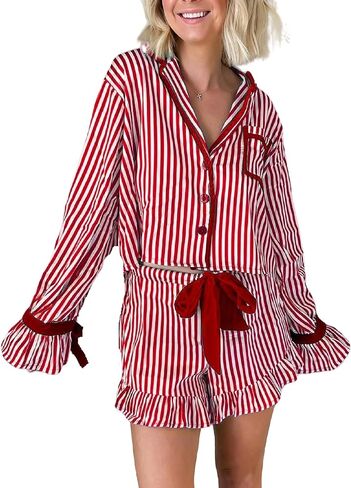 Faretumiya Women Striped Christmas Pajamas Velvet Bow Tie Pjs Long Sleeve Button Shirt Ruffle Shorts Satin Pj Set Sleepwear in Saudi Arabia